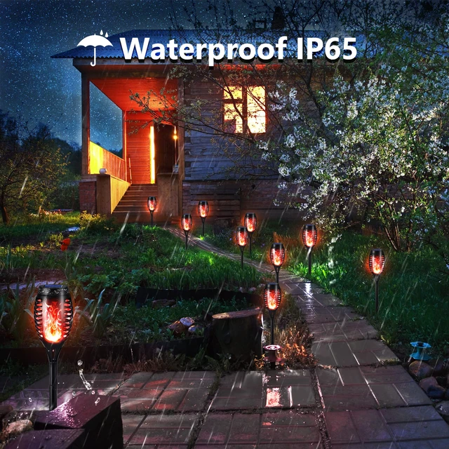 Alt view image 6 of 7 - Solar Torch Flame Lights, 12 Pack Solar Halloween Lights Outdoor with Flickering Flame, Waterproof Patio Light Landscape Decoration Lighting for Garden Yard Outdoor Halloween Decor - Red