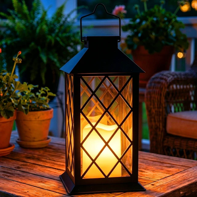 Main image of 14'' Large Tempered Glass Solar Lanterns Outdoor Waterproof Black retro solar lantern with flickering flameless candles, ideal decoration for wall, porch, patio, table and garden