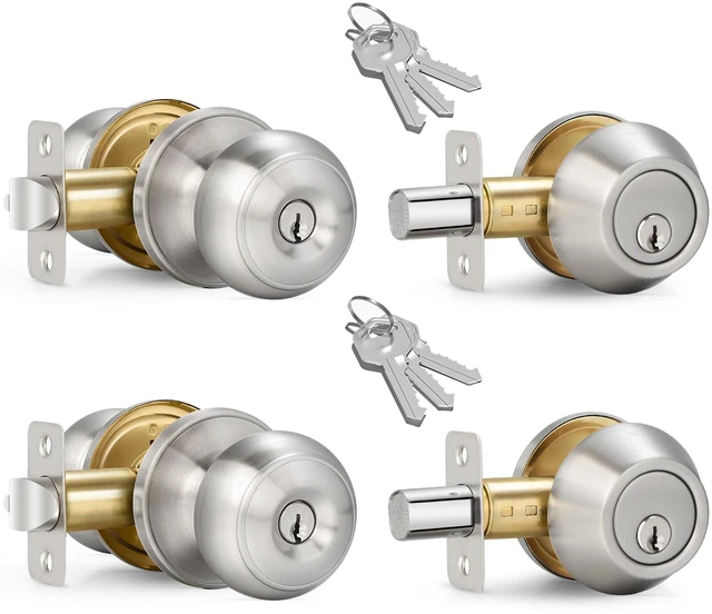 Main image of 2 Sets Entry Door Knob and Single Cylinder Deadbolt Combo Set, Keyed Alike Round Ball Satin Nickel Interior/Exterior Door Knobs with Lock and Keys for Entrance, Front Door and Indoor Door