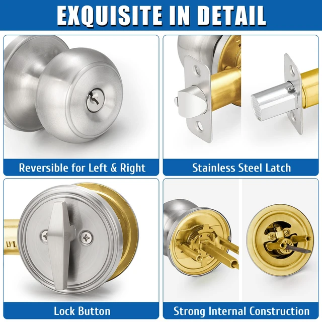 Alt view image 7 of 7 - 2 Sets Entry Door Knob and Single Cylinder Deadbolt Combo Set, Keyed Alike Round Ball Satin Nickel Interior/Exterior Door Knobs with Lock and Keys for Entrance, Front Door and Indoor Door