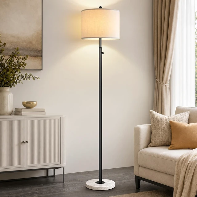 Main image of Dimmable Floor Lamp for Living Room, 11W LED Bulb Included, Modern Standing Lamp with Marble Base, Tall Pole Light with White Linen Shade for Bedroom Reading Office Corner Nursery-Black