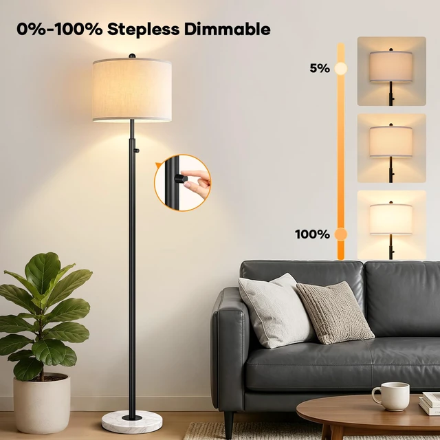 Alt view image 3 of 7 - Dimmable Floor Lamp for Living Room, 11W LED Bulb Included, Modern Standing Lamp with Marble Base, Tall Pole Light with White Linen Shade for Bedroom Reading Office Corner Nursery-Black