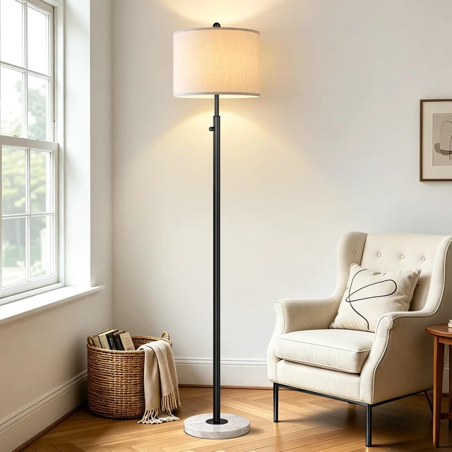Alt view image 6 of 7 - Dimmable Floor Lamp for Living Room, 11W LED Bulb Included, Modern Standing Lamp with Marble Base, Tall Pole Light with White Linen Shade for Bedroom Reading Office Corner Nursery-Black