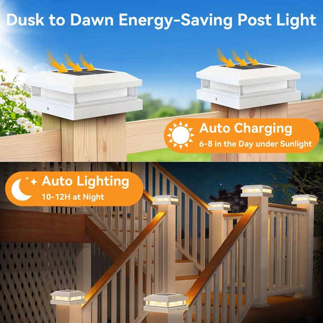 Alt view image 3 of 7 - 4x4 5x5 Solar Post Cap Lights Outdoor 6-Pack White for Vinyl/Wooden Post, 16LEDs, Warm/Cool White, Waterproof, Solar Powered Fence Post Lights for Garden, Patio, Porch
