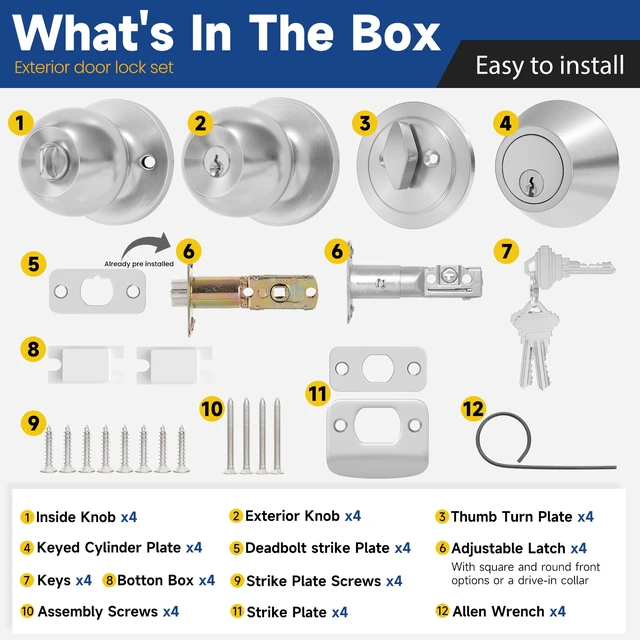 Alt view image 6 of 7 - Keyed Same Exterior Door Lock Set, Front Door Lock Set, Satin Nickel, 4Pack Single Cylinder Deadbolt Lock and Door Knob Set, Keyed Alike Entry Door Knobs with Lock and Keys for Entrance and Front Door