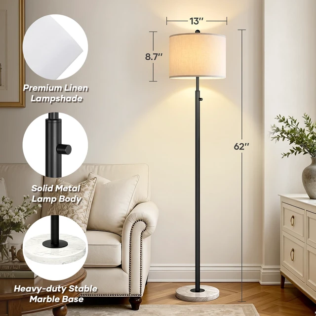 Alt view image 7 of 7 - Dimmable Floor Lamp for Living Room, 11W LED Bulb Included, Modern Standing Lamp with Marble Base, Tall Pole Light with White Linen Shade for Bedroom Reading Office Corner Nursery-Black