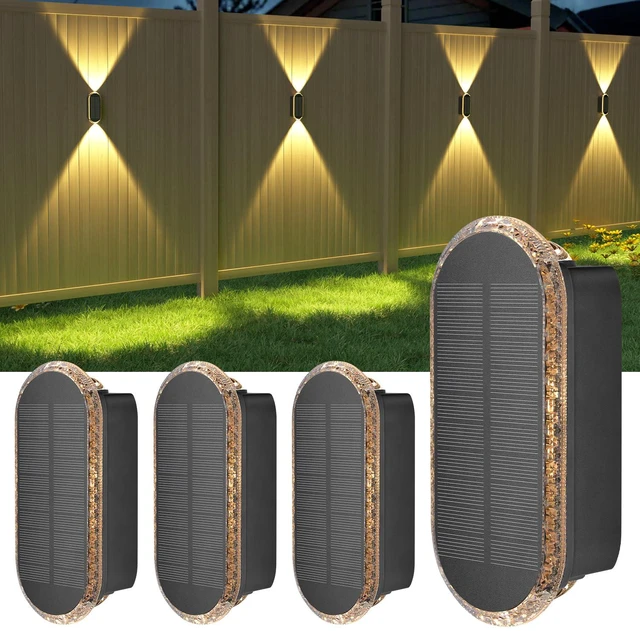 Main image of Fence Lights Solar Powered: 4 Pack Solar Wall Lights Outdoor Up and Down IP67 Waterproof - 3 Colors Modes Brighter LED Lens Solar Lights Dusk to Dawn 12h for Backyard/Porch/Railing/Balcony