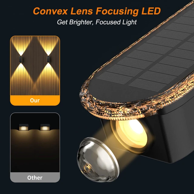 Alt view image 2 of 7 - Fence Lights Solar Powered: 4 Pack Solar Wall Lights Outdoor Up and Down IP67 Waterproof - 3 Colors Modes Brighter LED Lens Solar Lights Dusk to Dawn 12h for Backyard/Porch/Railing/Balcony