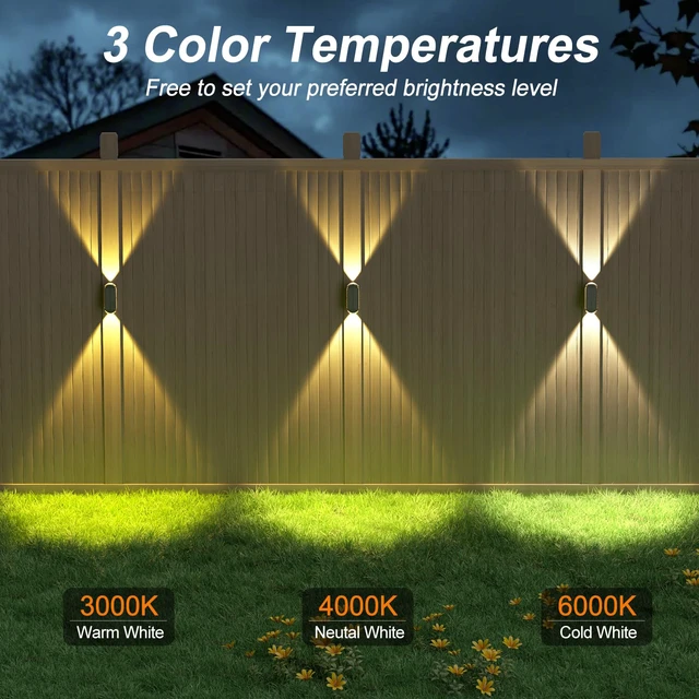 Alt view image 4 of 7 - Fence Lights Solar Powered: 4 Pack Solar Wall Lights Outdoor Up and Down IP67 Waterproof - 3 Colors Modes Brighter LED Lens Solar Lights Dusk to Dawn 12h for Backyard/Porch/Railing/Balcony