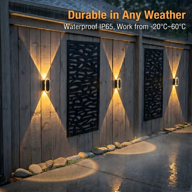 Alt view image 6 of 7 - Fence Lights Solar Powered: 4 Pack Solar Wall Lights Outdoor Up and Down IP67 Waterproof - 3 Colors Modes Brighter LED Lens Solar Lights Dusk to Dawn 12h for Backyard/Porch/Railing/Balcony