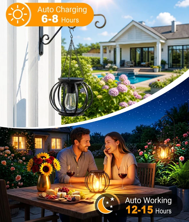 Alt view image 2 of 7 - Solar Lanterns Outdoor Waterproof, 4 Pack Upgraded Metal Hanging Solar Lights Outdoor Lanterns, Brighter Auto On/Off Outdoor Hanging Lantern for Yard Patio Pathway Porch Garden Decor