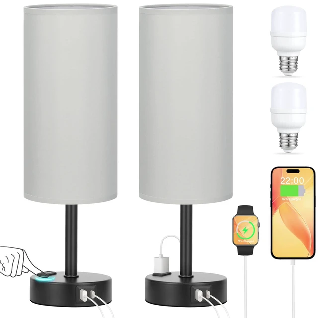 Main image of Grey Touch Table Lamps Set of 2-3 Way Dimmable Bedroom Lamps for Bedside with USB C and A Ports, Small Nightstand Lamps with AC Outlet, Desk Lamps with Black Base for Office Boys