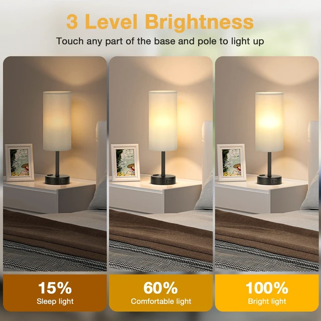 Alt view image 2 of 6 - Grey Touch Table Lamps Set of 2-3 Way Dimmable Bedroom Lamps for Bedside with USB C and A Ports, Small Nightstand Lamps with AC Outlet, Desk Lamps with Black Base for Office Boys
