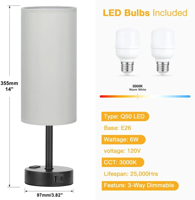Alt view image 4 of 6 - Grey Touch Table Lamps Set of 2-3 Way Dimmable Bedroom Lamps for Bedside with USB C and A Ports, Small Nightstand Lamps with AC Outlet, Desk Lamps with Black Base for Office Boys