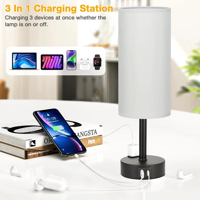 Alt view image 3 of 6 - Grey Touch Table Lamps Set of 2-3 Way Dimmable Bedroom Lamps for Bedside with USB C and A Ports, Small Nightstand Lamps with AC Outlet, Desk Lamps with Black Base for Office Boys