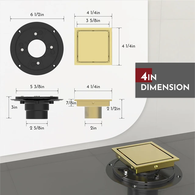 Alt view image 2 of 7 - 4 Inch Square Shower Drain Gold Floor Drain with Flange Reversible 2-in-1 Cover Tile Insert Grate Removable SUS304 Stainless Steel CUPC Certified Brushed Gold