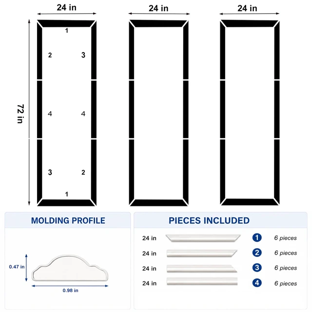 Alt view image 2 of 7 - 3 Set Peel and Stick Wall Molding Kit,Pre Cut Wainscoting Panels,24x72in Self Adhesive,Paintable,PVC,Premade