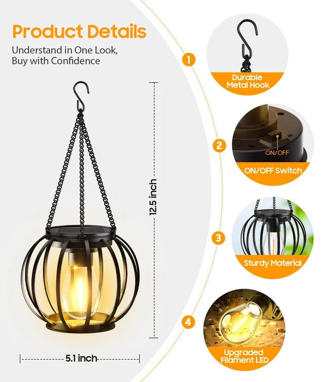 Alt view image 7 of 7 - Solar Lanterns Outdoor Waterproof, 4 Pack Upgraded Metal Hanging Solar Lights Outdoor Lanterns, Brighter Auto On/Off Outdoor Hanging Lantern for Yard Patio Pathway Porch Garden Decor