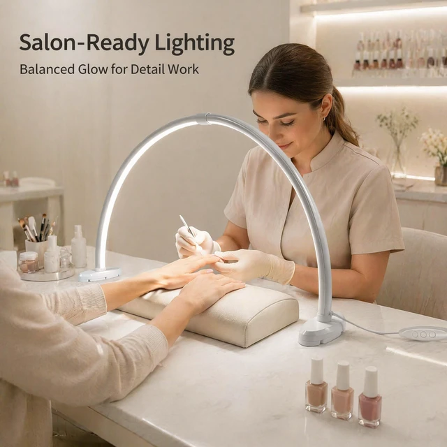 Alt view image 3 of 7 - Half Moon Nail Light, 180° No Shadow LED Nail Desk Lamp with Foldable Height Adjustable Base, Nail Tech Lamp Soft Light Eye Protection for Manicure Eyelash Tattoo Craft Workbench Lighting
