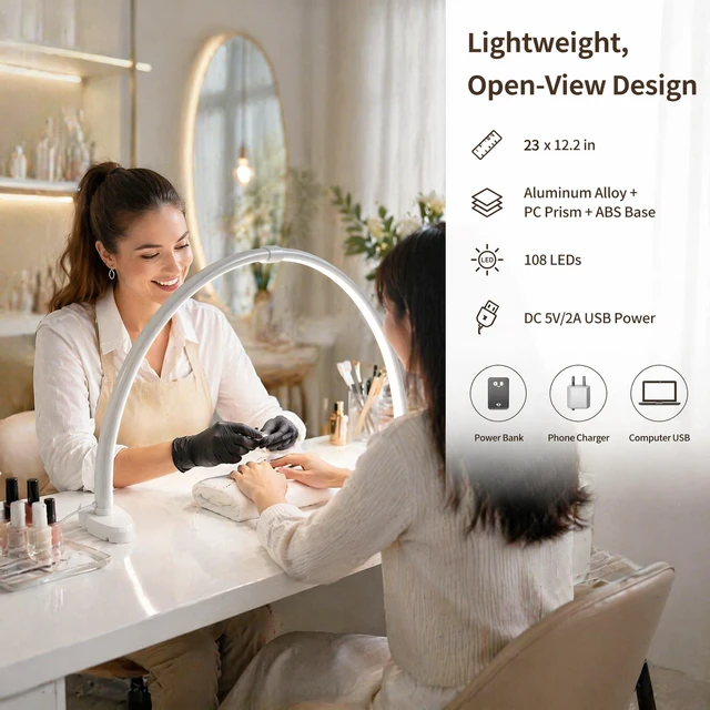 Alt view image 4 of 7 - Half Moon Nail Light, 180° No Shadow LED Nail Desk Lamp with Foldable Height Adjustable Base, Nail Tech Lamp Soft Light Eye Protection for Manicure Eyelash Tattoo Craft Workbench Lighting