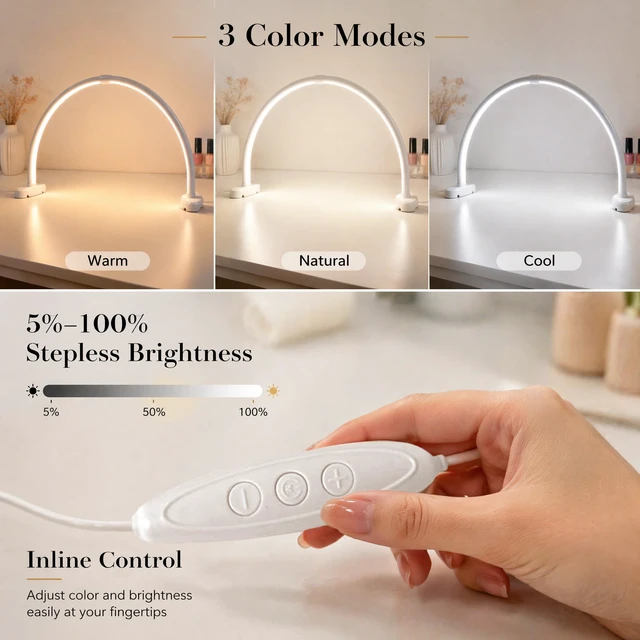 Alt view image 5 of 7 - Half Moon Nail Light, 180° No Shadow LED Nail Desk Lamp with Foldable Height Adjustable Base, Nail Tech Lamp Soft Light Eye Protection for Manicure Eyelash Tattoo Craft Workbench Lighting