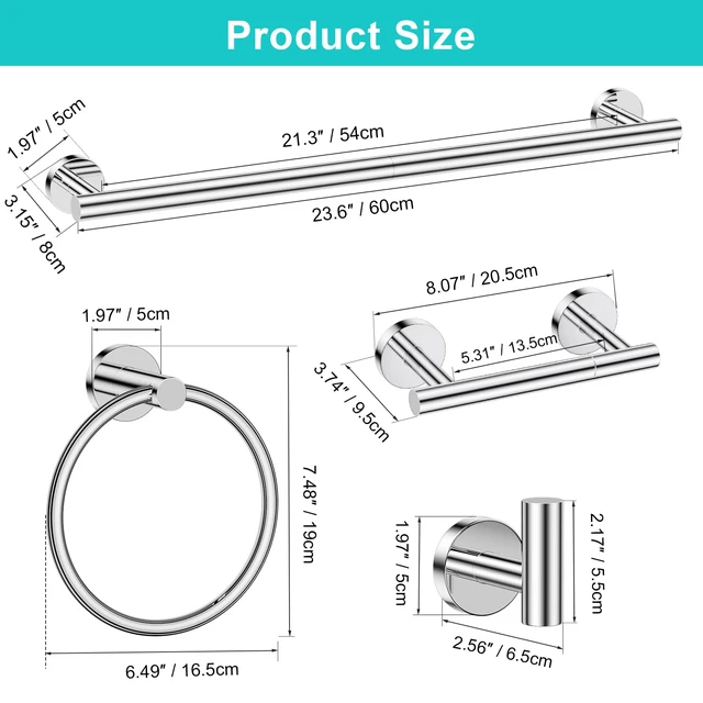 Alt view image 6 of 7 - Polished Chrome Towel Bar Bathroom Hardware Accessories Set, 5 Pieces Toilet Paper Holder Towel Racks Set for Bathroom Stainless Steel Wall Mounted 23.6 in