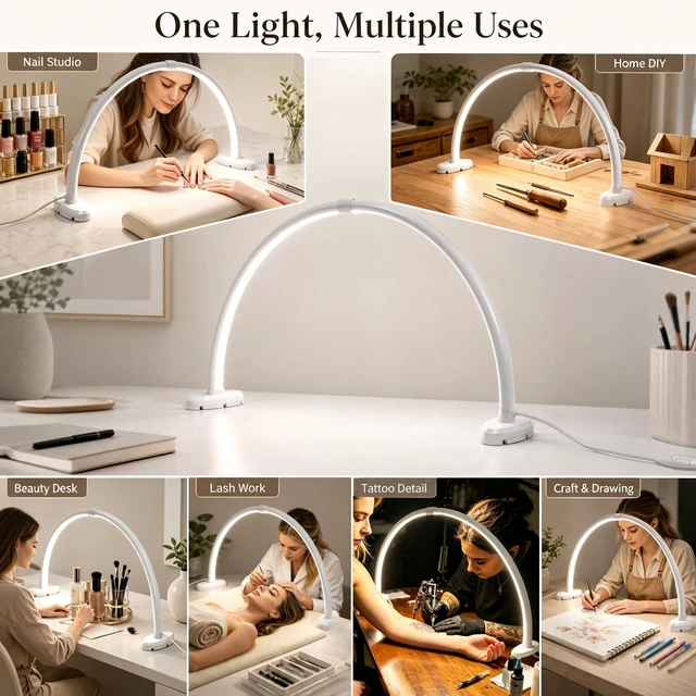 Alt view image 6 of 7 - Half Moon Nail Light, 180° No Shadow LED Nail Desk Lamp with Foldable Height Adjustable Base, Nail Tech Lamp Soft Light Eye Protection for Manicure Eyelash Tattoo Craft Workbench Lighting