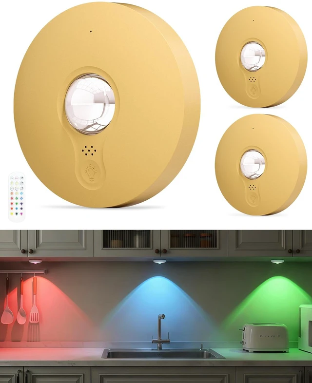 Main image of RGB Rechargeable Puck Lights with Remote Control, 1500mAh Battery Operated Tap Lights, Dimmer & Timer Under Cabinet, Wireless LED Stick-On for Closet, Bedroom, Kitchen - Gold 3Pcs