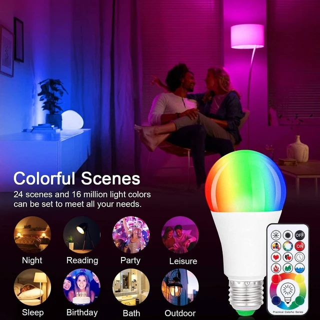 Alt view image 7 of 7 - RGBW Color Changing Light Bulb, 2 Pack Dimmable E26 LED with Remote 120 colors with remote, dimmable, timer & memory function. Mood & decorative light for bedroom, party, stage & home decor