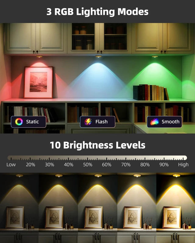 Alt view image 3 of 7 - RGB Rechargeable Puck Lights with Remote Control, 1500mAh Battery Operated Tap Lights, Dimmer & Timer Under Cabinet, Wireless LED Stick-On for Closet, Bedroom, Kitchen - Gold 6Pcs