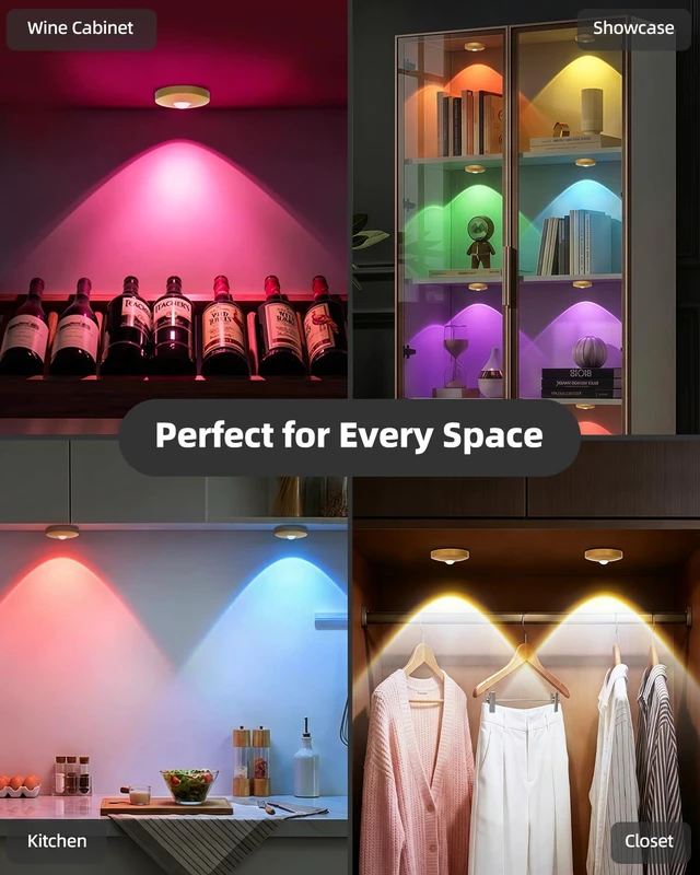 Alt view image 5 of 7 - RGB Rechargeable Puck Lights with Remote Control, 1500mAh Battery Operated Tap Lights, Dimmer & Timer Under Cabinet, Wireless LED Stick-On for Closet, Bedroom, Kitchen - Gold 6Pcs