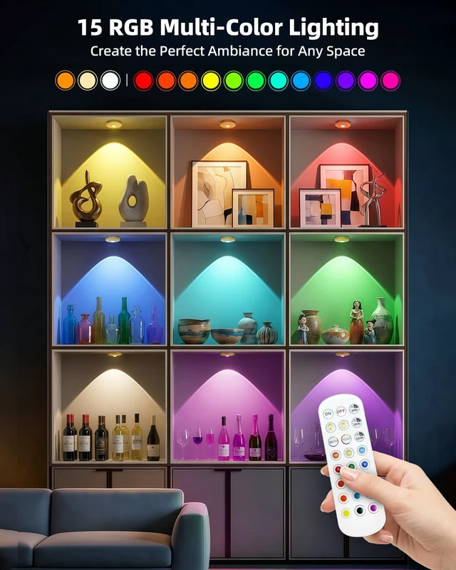 Alt view image 2 of 7 - RGB Rechargeable Puck Lights with Remote Control, 1500mAh Battery Operated Tap Lights, Dimmer & Timer Under Cabinet, Wireless LED Stick-On for Closet, Bedroom, Kitchen - Gold 6Pcs