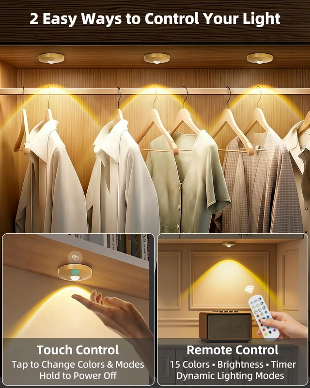 Alt view image 7 of 7 - RGB Rechargeable Puck Lights with Remote Control, 1500mAh Battery Operated Tap Lights, Dimmer & Timer Under Cabinet, Wireless LED Stick-On for Closet, Bedroom, Kitchen - Gold 6Pcs