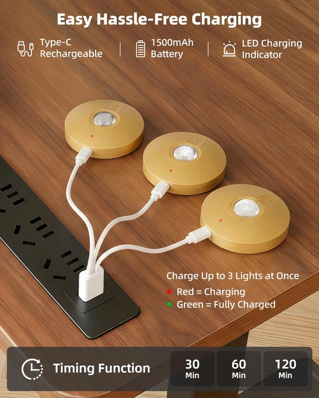 Alt view image 6 of 7 - RGB Rechargeable Puck Lights with Remote Control, 1500mAh Battery Operated Tap Lights, Dimmer & Timer Under Cabinet, Wireless LED Stick-On for Closet, Bedroom, Kitchen - Gold 6Pcs
