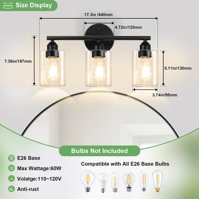 Alt view image 5 of 7 - 3-Light Bathroom Vanity Light Fixture,17.3'',Black Modern Wall Lamp, For Mirror