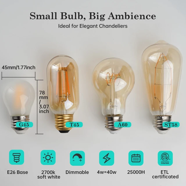 Alt view image 5 of 7 - Vintage LED Edison Short Small Bulbs G45 Frosted,40W E26 2700K Dimmable 12P 2700K Soft White Frosted E26 G45 LED Edison Bulbs,4W Replaces 40W,Dimmable for Ceiling Fans,Vanity & Table Lamps 12pack
