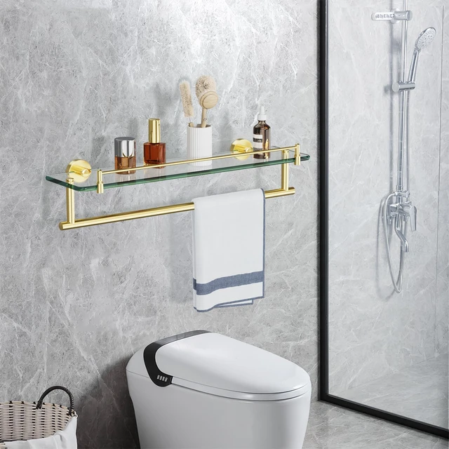 Alt view image 2 of 7 - 20 Inch Brushed Gold Bathroom Towel Rack with Tempered Glass Shelf, Wall Mounted Towel Holder Storage Organizer for Bathroom
