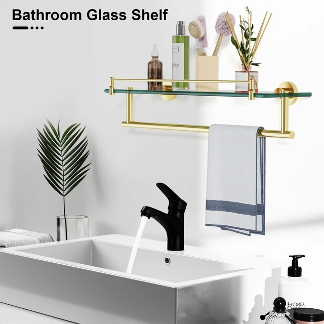Alt view image 4 of 7 - 20 Inch Brushed Gold Bathroom Towel Rack with Tempered Glass Shelf, Wall Mounted Towel Holder Storage Organizer for Bathroom