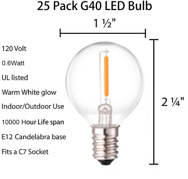 Alt view image 2 of 7 - G40 LED Replacement Bulbs, 2700K Warm White, E12 Base, 25PK Waterproof & Dimmable, 1.5" Clear Globe Bulbs, Perfect for Outdoor Patio/Garden/Backyard Wedding Holiday String Lights