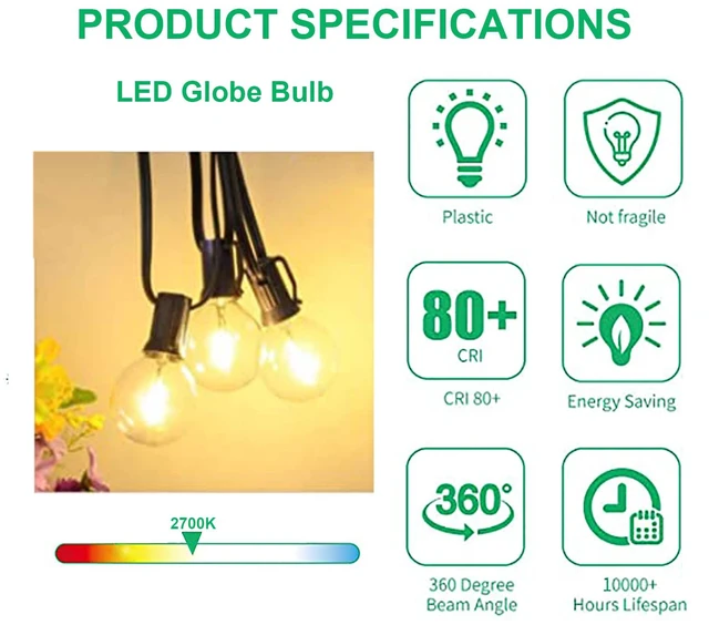 Alt view image 7 of 7 - G40 LED Replacement Bulbs, 2700K Warm White, E12 Base, 25PK Waterproof & Dimmable, 1.5" Clear Globe Bulbs, Perfect for Outdoor Patio/Garden/Backyard Wedding Holiday String Lights