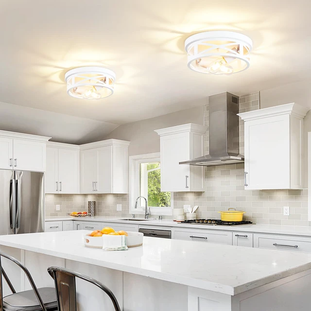 Alt view image 3 of 7 - 2 Pack Flush Mount Ceiling Light, White Hallway Light Fixture, Metal Cage, for Kitchen Entryway, E26 Base