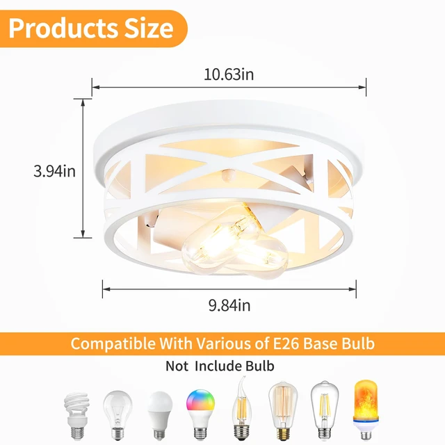 Alt view image 4 of 7 - 2 Pack Flush Mount Ceiling Light, White Hallway Light Fixture, Metal Cage, for Kitchen Entryway, E26 Base