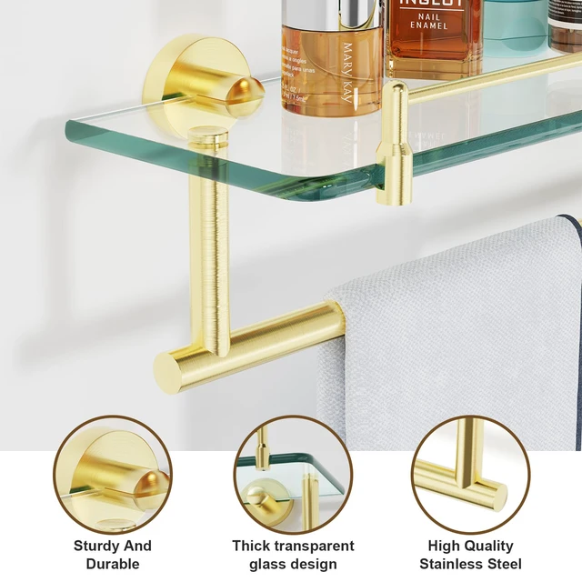 Alt view image 5 of 7 - 20 Inch Brushed Gold Bathroom Towel Rack with Tempered Glass Shelf, Wall Mounted Towel Holder Storage Organizer for Bathroom