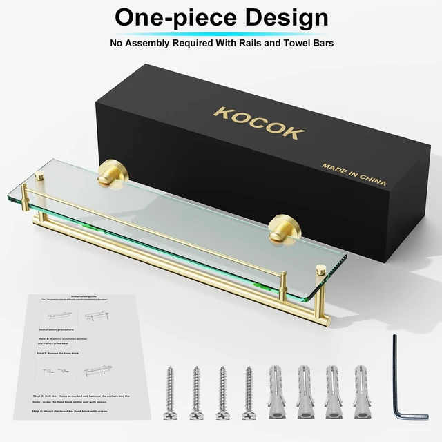 Alt view image 6 of 7 - 20 Inch Brushed Gold Bathroom Towel Rack with Tempered Glass Shelf, Wall Mounted Towel Holder Storage Organizer for Bathroom