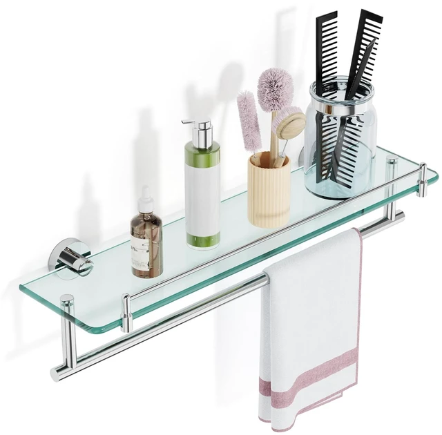 Main image of 20-Inch Floating Tempered Glass Bathroom Shelf with Towel Bar - Chrome Polished & Stainless Steel, Wall Mount