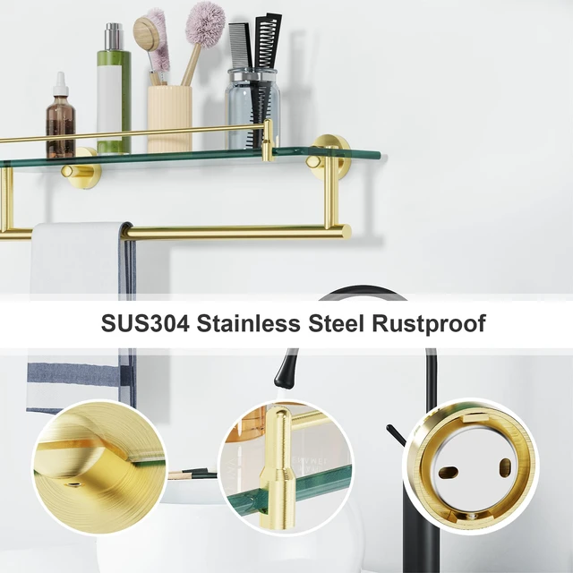 Alt view image 7 of 7 - 20 Inch Brushed Gold Bathroom Towel Rack with Tempered Glass Shelf, Wall Mounted Towel Holder Storage Organizer for Bathroom
