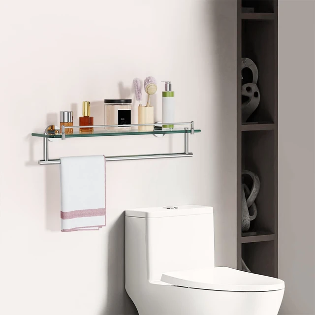 Alt view image 2 of 7 - 20-Inch Floating Tempered Glass Bathroom Shelf with Towel Bar - Chrome Polished & Stainless Steel, Wall Mount