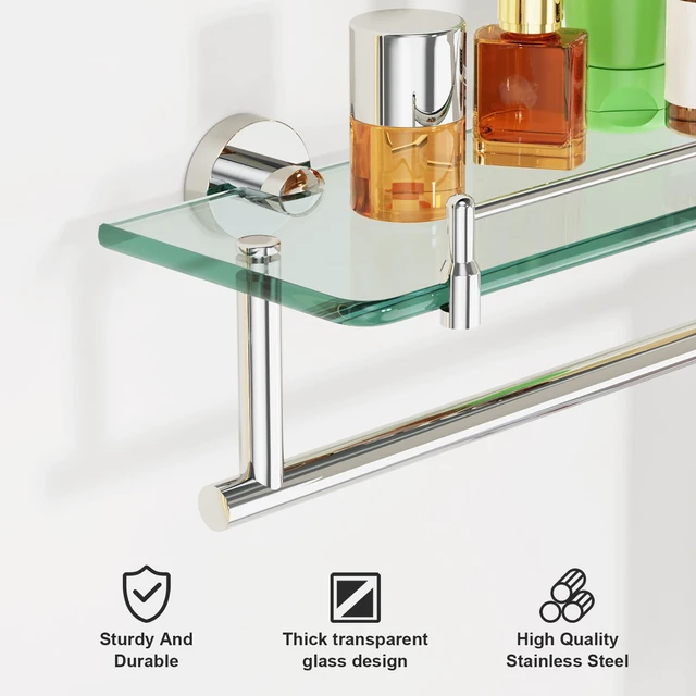 Alt view image 4 of 7 - 20-Inch Floating Tempered Glass Bathroom Shelf with Towel Bar - Chrome Polished & Stainless Steel, Wall Mount