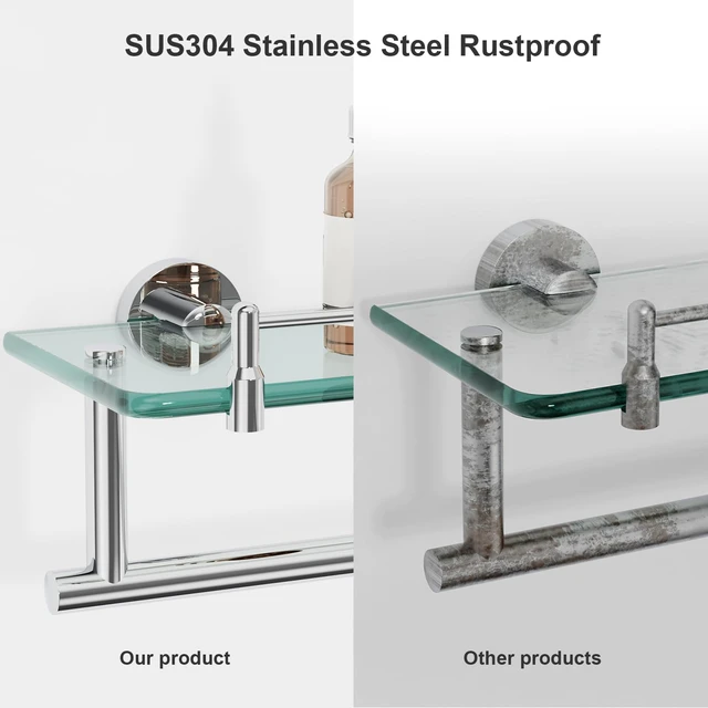 Alt view image 7 of 7 - 20-Inch Floating Tempered Glass Bathroom Shelf with Towel Bar - Chrome Polished & Stainless Steel, Wall Mount