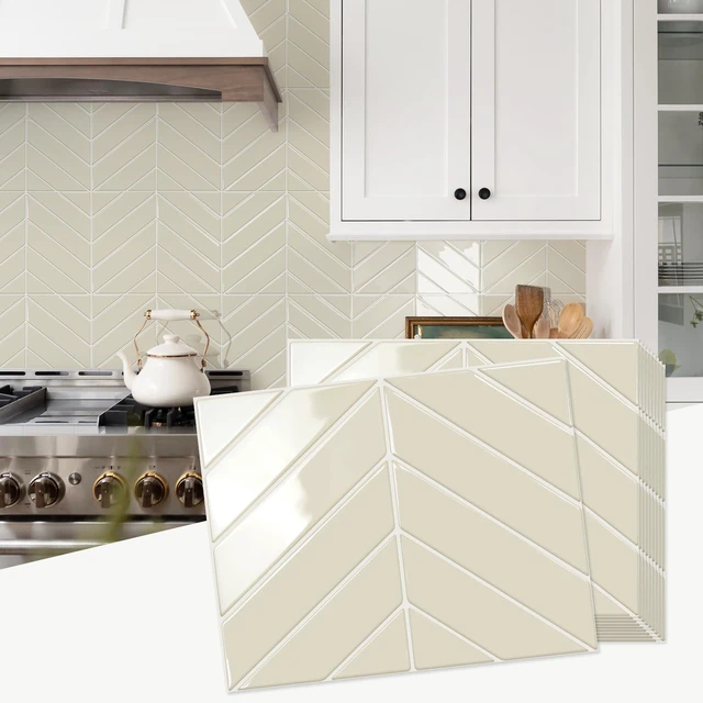 Main image of Herringbone Peel and Stick Backsplash, Light Gray Beige, 10 Sheets 12.6 x 9.7 in, Thicker Rectangular Vinyl Stick-On Wall Tiles, Easy Alignment, Waterproof, Easy to Clean, Kitchen/Bathroom